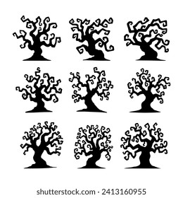 Black silhouettes of spooky halloween dead trees. vector design