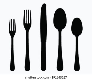 Black silhouettes of spoon, fork and knife, vector