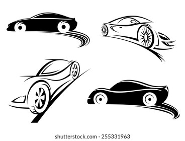 Black Silhouettes Of Sports Speed Racing Car In Doodle Sketch Style Isolated On White Background For Sporting And Automotive Design