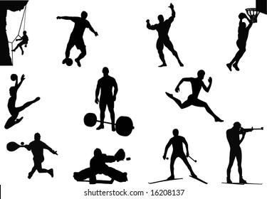 Black silhouettes of sportsmen on a white background in different kinds of sports