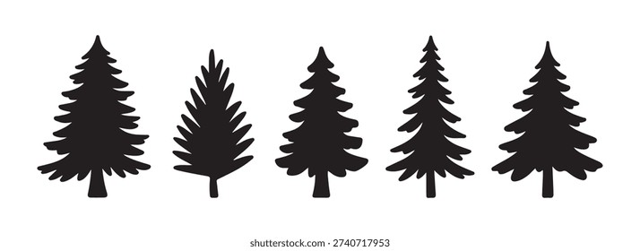 Black silhouettes of spruce trees in various shapes and sizes for winter holiday and nature designs