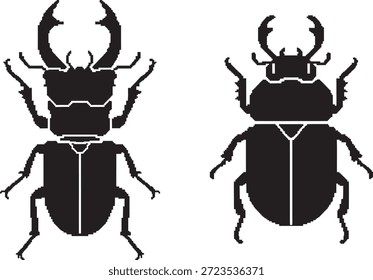 Schwarze Silhouetten von Hirschkäfern, eine dorsale und eine ventrale Ansicht auf weißem Hintergrund, die verschiedene Merkmale aufweisen.