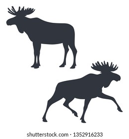 Black silhouettes of standing and running moose isolated on white background. Vector illustration EPS 8