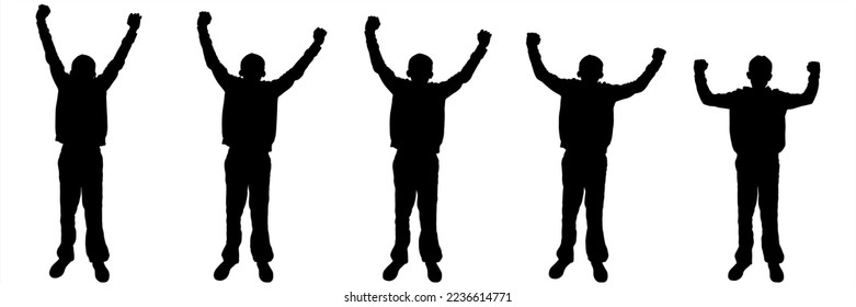 Black silhouettes of standing teenagers. A set of teenagers with raised hands at different heights. Front view, Anfas. The gesture raised hands with joy and admiration. Isolated on a white background