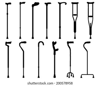 Black silhouettes of sticks and crutches, vector