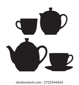 Black Silhouettes of Teapots and Cups on White Background saucer