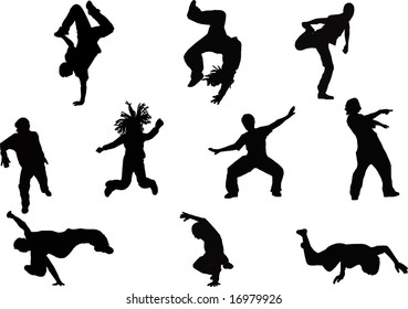 black silhouettes teenager dancer breakdancing on white background