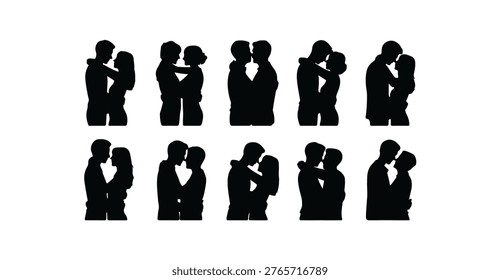 Black silhouettes of ten different couples kissing, showing love, intimacy, and romantic affection.