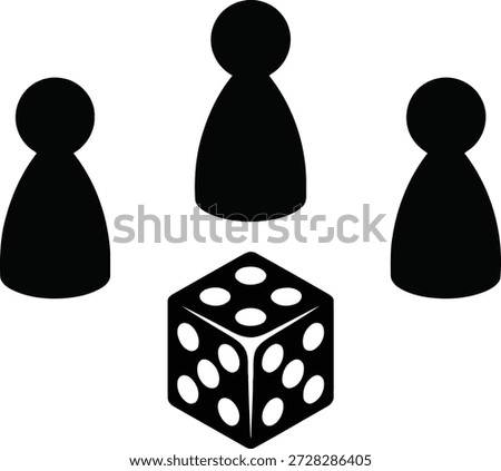 Black silhouettes of three board game pawns surrounding a six-sided die displaying numbers three, four, and two on its visible faces.