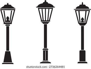 Black silhouettes of three different street lamps on white background lamp posts 2