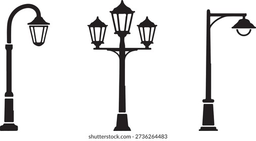 Black silhouettes of three different street lamps on white background lamp posts 1