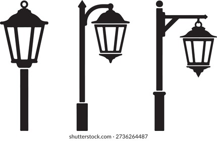 Black silhouettes of three different street lamps on white background lamp posts outdoor lighting
