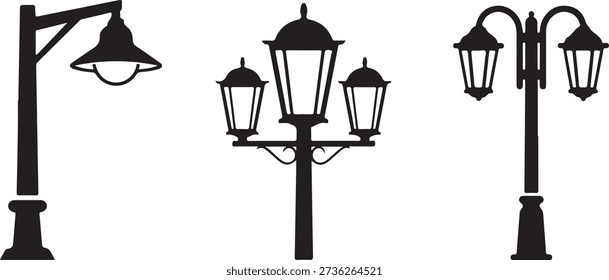 Black silhouettes of three different street lamps on white background lamp posts