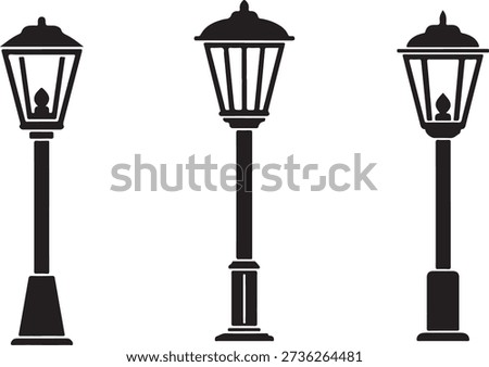 Black silhouettes of three different street lamps on white background lamp posts 2
