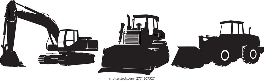 Black silhouettes of three different types of heavy construction equipment: an excavator, a bulldozer, and a wheel loader.