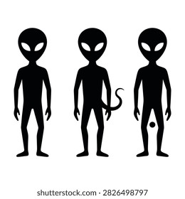 Black silhouettes of three distinct alien figures standing upright. One has a tail, another a sphere. Minimalist design suitable for sci-fi themes.