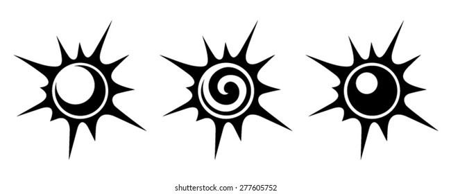 Black silhouettes of three suns isolated on a white background. Vector illustration.