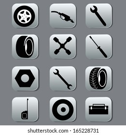 a lot of black silhouettes of tires and set of repair elements