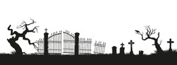 Black Silhouettes Of Tombstones, Crosses And Gravestones. Elements Of Cemetery. Graveyard Panorama. Vector Illustration