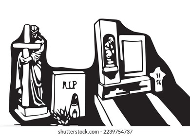 Black silhouettes of tombstones, crosses and gravestones. Elements of cemetery. Graveyard. R.I.P. Rest in peace vector drawing illustration for funeral service, card or last farewell card.