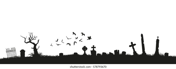 Black silhouettes of tombstones, crosses and gravestones. Elements of cemetery. Graveyard panorama. Vector illustration