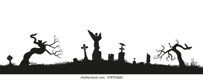 Black silhouettes of tombstones, crosses and gravestones. Elements of cemetery. Graveyard panorama. Vector illustration