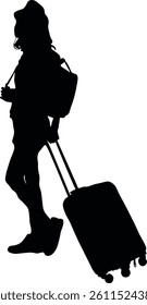 Black silhouettes travelers with suitcases on white background. Vector illustration.