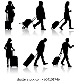 Black silhouettes travelers with suitcases on white background. Vector illustration