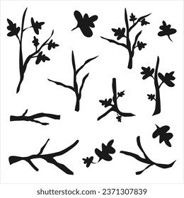 Black silhouettes of tree branches set isolated on white background.