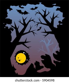Black silhouettes of trees and bats on a background of the night sky and the moon.