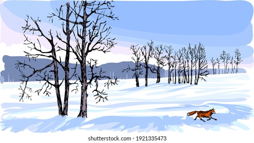 Black silhouettes of trees look decorative against the background of a snow-covered field. Winter nature is painted white and blue. A small running fox is the only bright moving spot against the backg