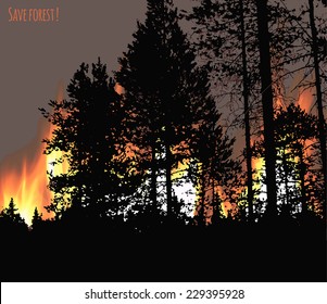 Black silhouettes of trees on the background of forest fire. Save forest concept. Vector illustration. 