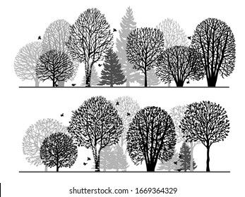 Siluetas negras de árboles en un fondo blanco. Bosque de invierno. Bosque de verano. Conjunto de siluetas de árboles desnudos.