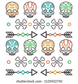 Black silhouettes of tribal human skull with bones and arrows on white background