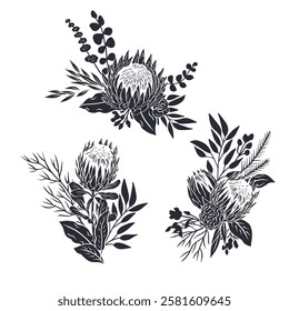 Black silhouettes of tropical protea flowers and leaves bouquets set. Boho floral monochrome compositions bundle isolated on white background