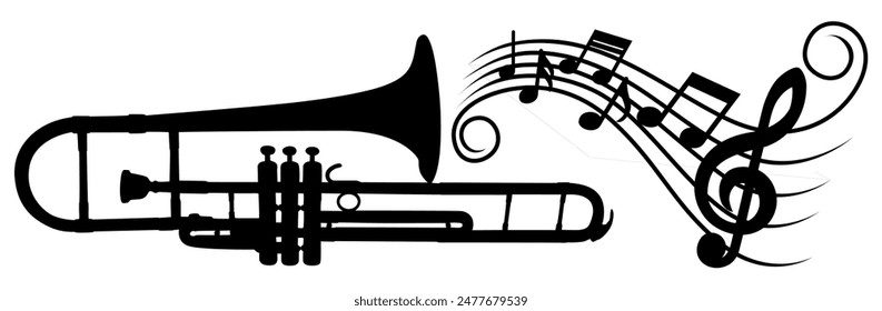 black silhouettes trumpet or trombone with musical notes sound waves icon. Brass Instrument vector illustration