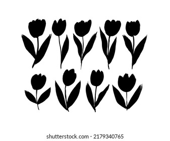 Black silhouettes of tulips. Hand drawn vector ink illustration. Black brush flower clip arts isolated on white background. Tulip hand drawn paint vector set. Monochrome artistic botanical elements