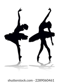 Black silhouettes of two ballerinas. Women ballerinas are dancing. Illustration, vector	
