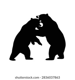 Black silhouettes of two bears interacting, possibly fighting or playing, set against a plain white background, emphasizing their dynamic poses.