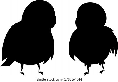 Black silhouettes of two birds. Dark shadows. Round, thick and fluffy pigeons, sparrows and tits. Children's design for print, poster, clothes.
