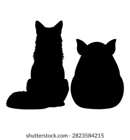 Black silhouettes of two cats sitting together against a plain white background, highlighting their shapes and postures.