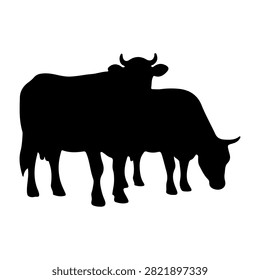 Black silhouettes of two cattle, one larger and one smaller, standing side by side against a plain white background, emphasizing their shapes and forms.