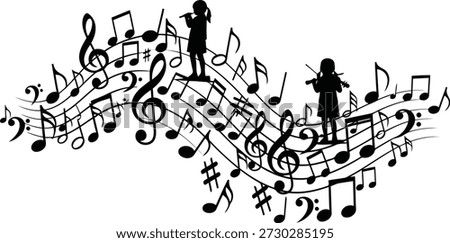 Black silhouettes of two children, one singing into a microphone and the other playing a violin, are integrated into a flowing musical staff with various notes and clefs.