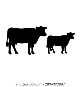 Black silhouettes of two cows, one larger and one smaller, standing side by side against a plain white background, emphasizing farm animals and livestock.
