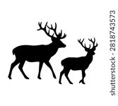 Black silhouettes of two deer with antlers, one larger and one smaller, set against a plain white background, capturing a natural wildlife scene.