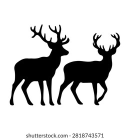 Black silhouettes of two deer with antlers standing side by side against a white background, emphasizing their elegant form and majestic presence.
