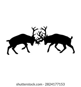 Black silhouettes of two deer locking antlers in a dynamic confrontation, emphasizing wildlife behavior and natural animal interactions.