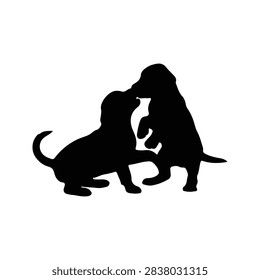 Black silhouettes of two dogs interacting playfully against a white background, capturing a moment of companionship and joy.