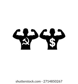 Black silhouettes of two figures showcase symbols representing communism and capitalism.