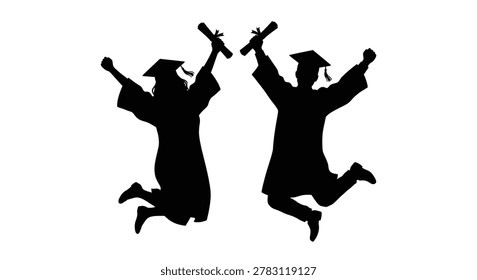 Black silhouettes of two graduating students jumping in the air with diplomas, isolated on a white background.